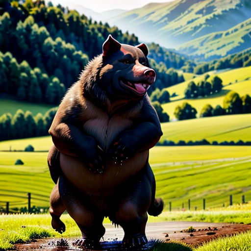 a bear standing on its hind legs in a field with mountains in the background and a puddle of water