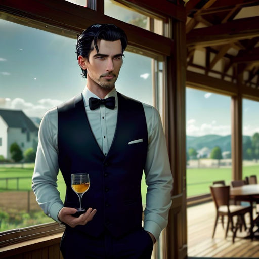 a man in a suit holding a glass of wine in front of a window with a view of a farm