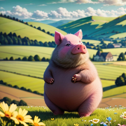 a pig is standing in a field with daisies and a house in the background, with a sky background