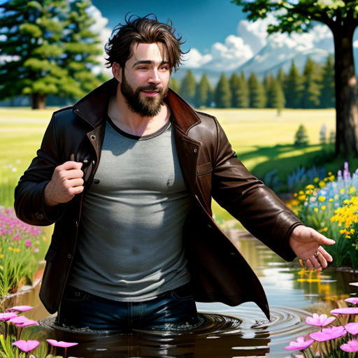 a man in a park with flowers and trees in the background, holding his jacket open and standing in a pond