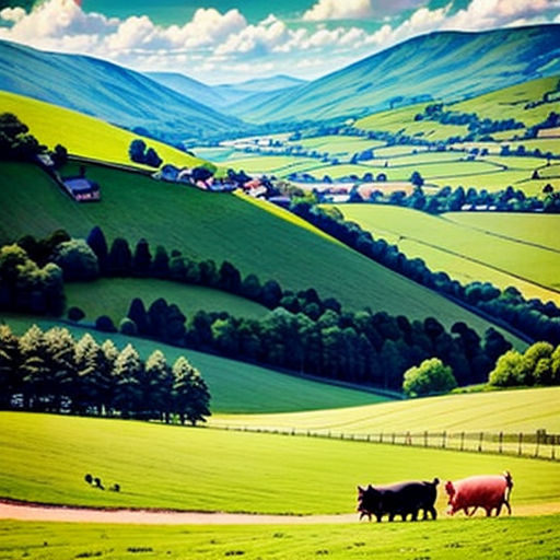 a painting of cows in a green field with mountains in the background and a blue sky with clouds above