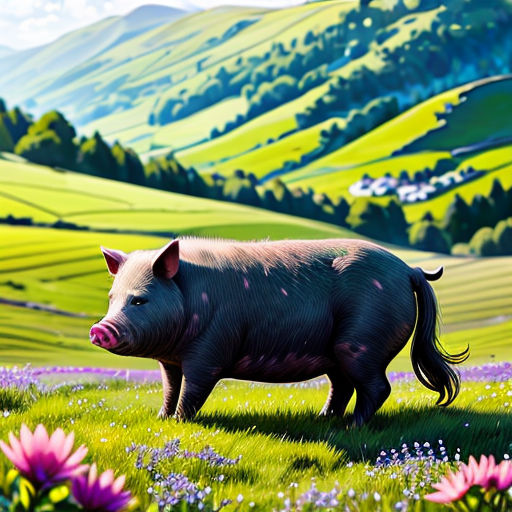 a pig is standing in a field of flowers and grass with a mountain in the background and a blue sky