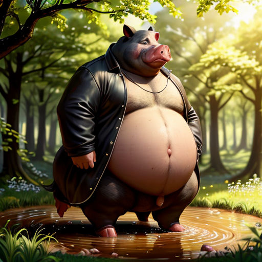 a fat man in a leather jacket standing in a puddle of water in a forest with trees and grass