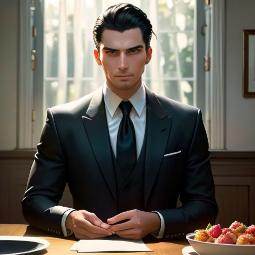 a man in a suit sitting at a table with a plate of food in front of him and a bowl of fruit on the table