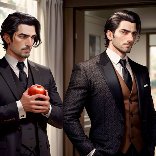 two men in suits and ties holding an apple in their hands and looking at the camera with a serious look on their face