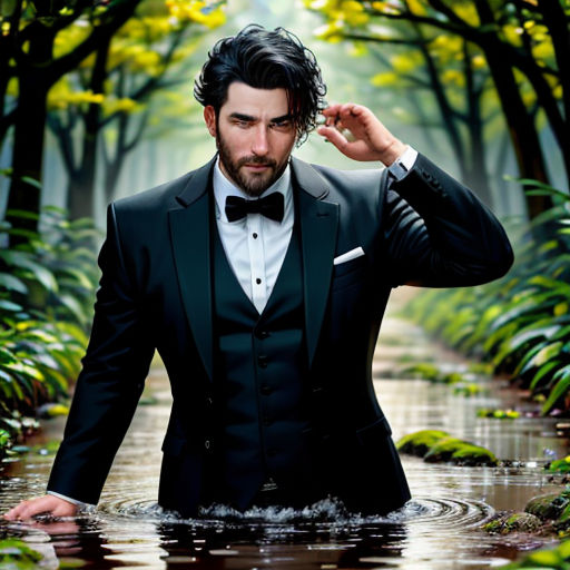 a man in a tuxedo is standing in a stream of water in a forest with trees and bushes