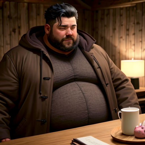 a fat man sitting at a table with a cup of coffee and a donut on it, with a pen and paper
