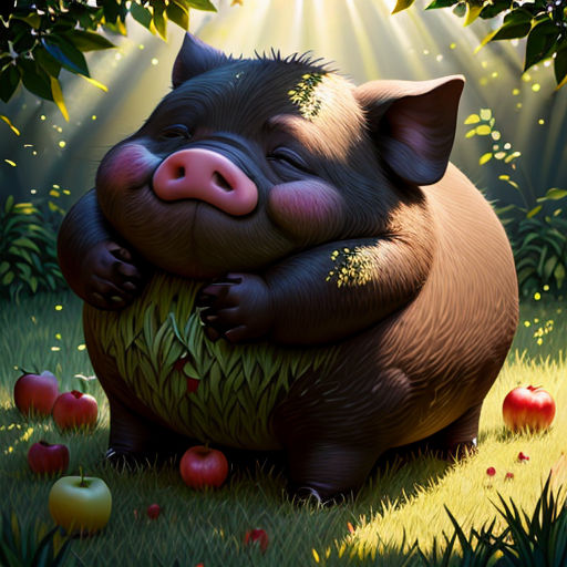 a pig is sitting in the grass with apples in front of him and a sunbeam in the background