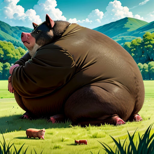 a pig sitting on the ground with a giant body in the grass with a mountain in the background and a sky with clouds