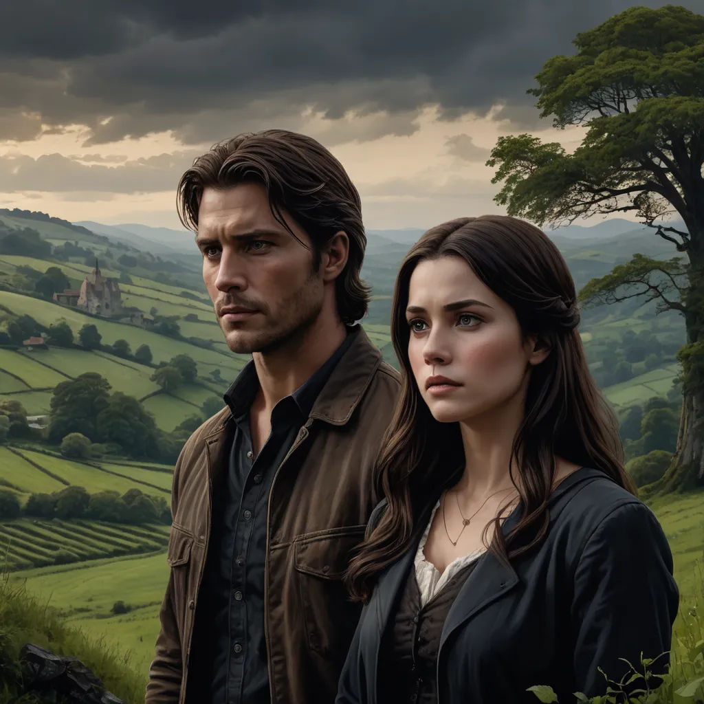 a man and a woman standing in a field with a dark sky in the background and a green valley in the foreground, international gothic, a detailed matte painting, Derek Hill, promotional image