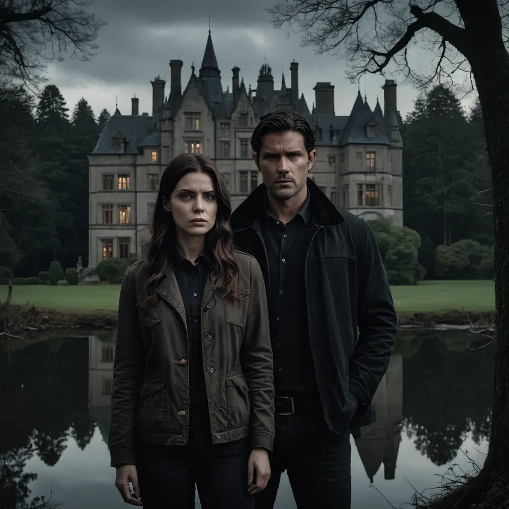 a man and a woman standing in front of a castle with a lake in front of them and a dark sky, international gothic, poster art, Dirk Crabeth, promotional image