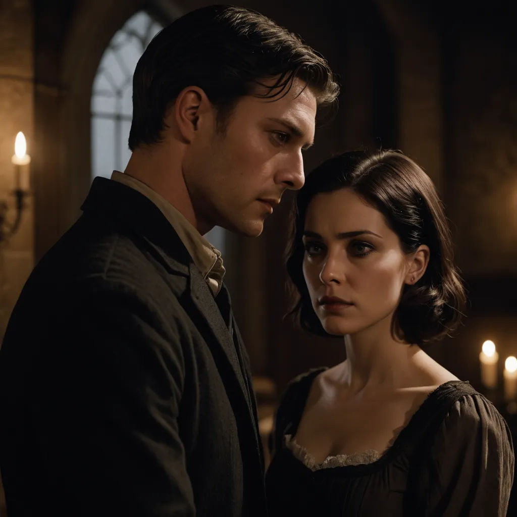 a man and a woman standing next to each other in a room with candles on the walls and a clock on the wall, international gothic, a poster, Clarice Beckett, promotional image