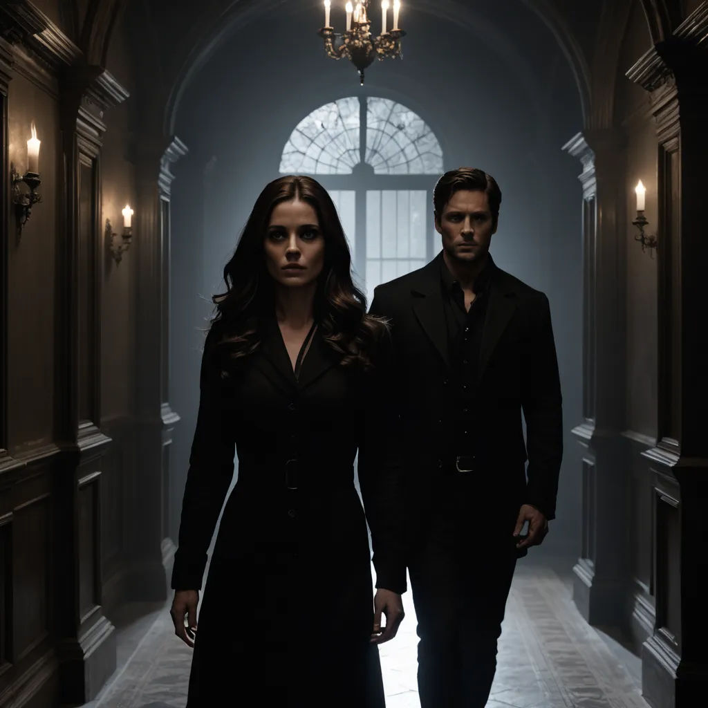 a man and a woman walking down a hallway in a building with a chandelier hanging from the ceiling, international gothic, poster art, Dirk Crabeth, promotional image