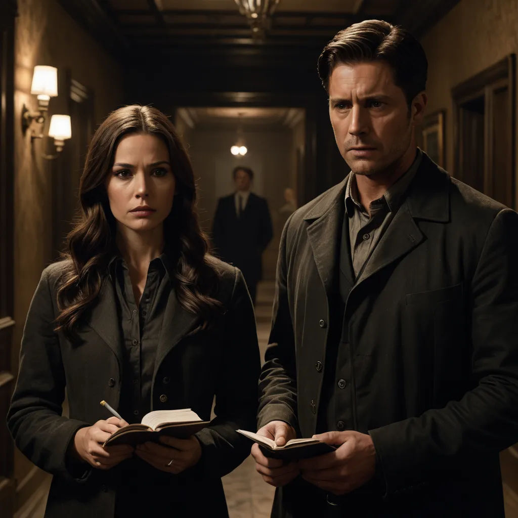 a man and a woman standing in a hallway holding a book and a pen in their hands and looking at the camera, international gothic, concept art, Derek Hill, promotional image