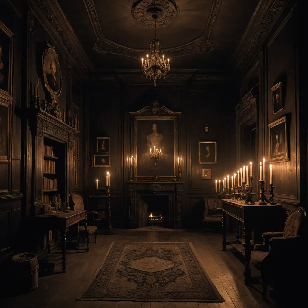 a dark room with a chandelier and a rug on the floor and a fireplace in the corner, tonalism, a detailed matte painting, Christopher Wood, rembrandt lighting