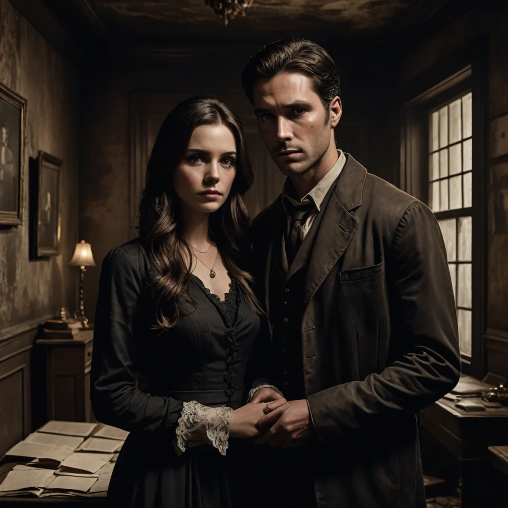 a man and a woman standing in a room together, posing for a picture together, with a dark background, international gothic, poster art, Derek Hill, promotional image