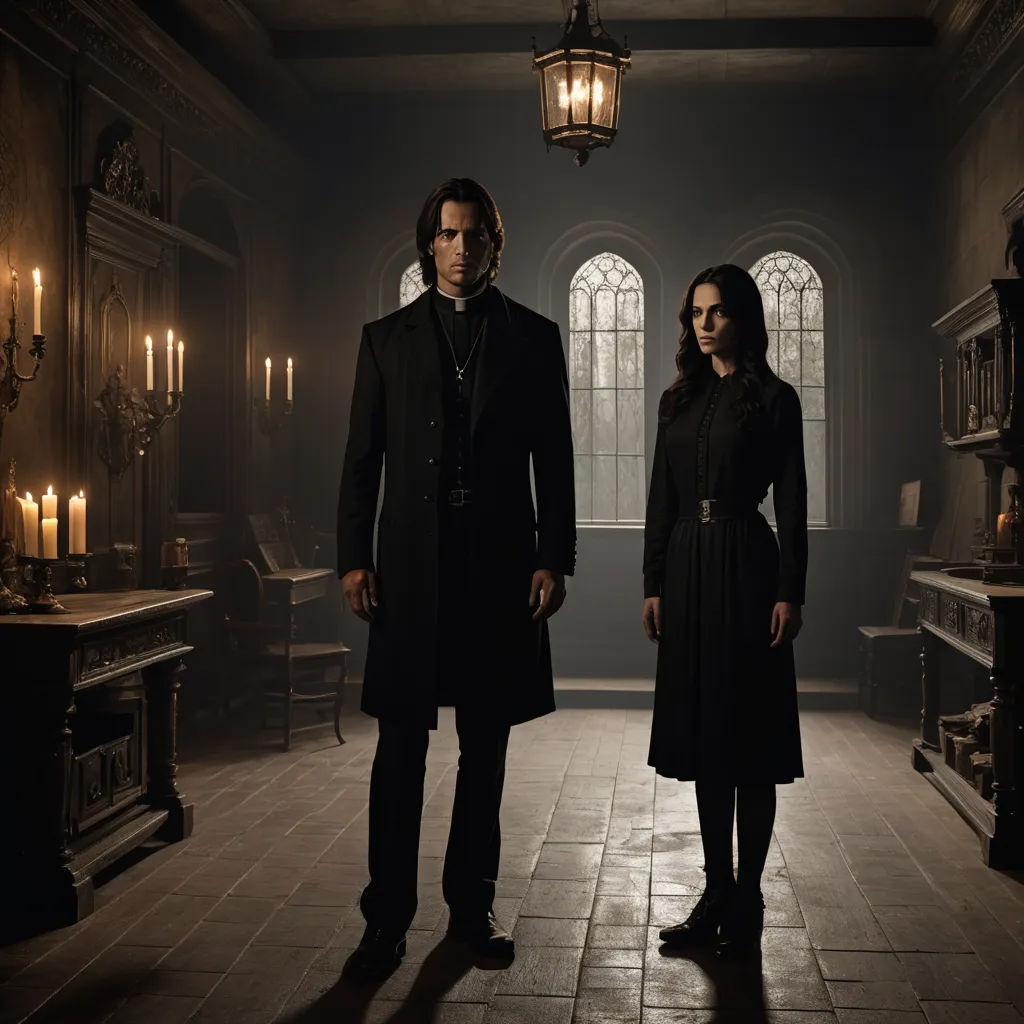 a man and a woman standing in a dark room with candles on the walls and a chandelier, international gothic, concept art, Derek Chittock, promotional image
