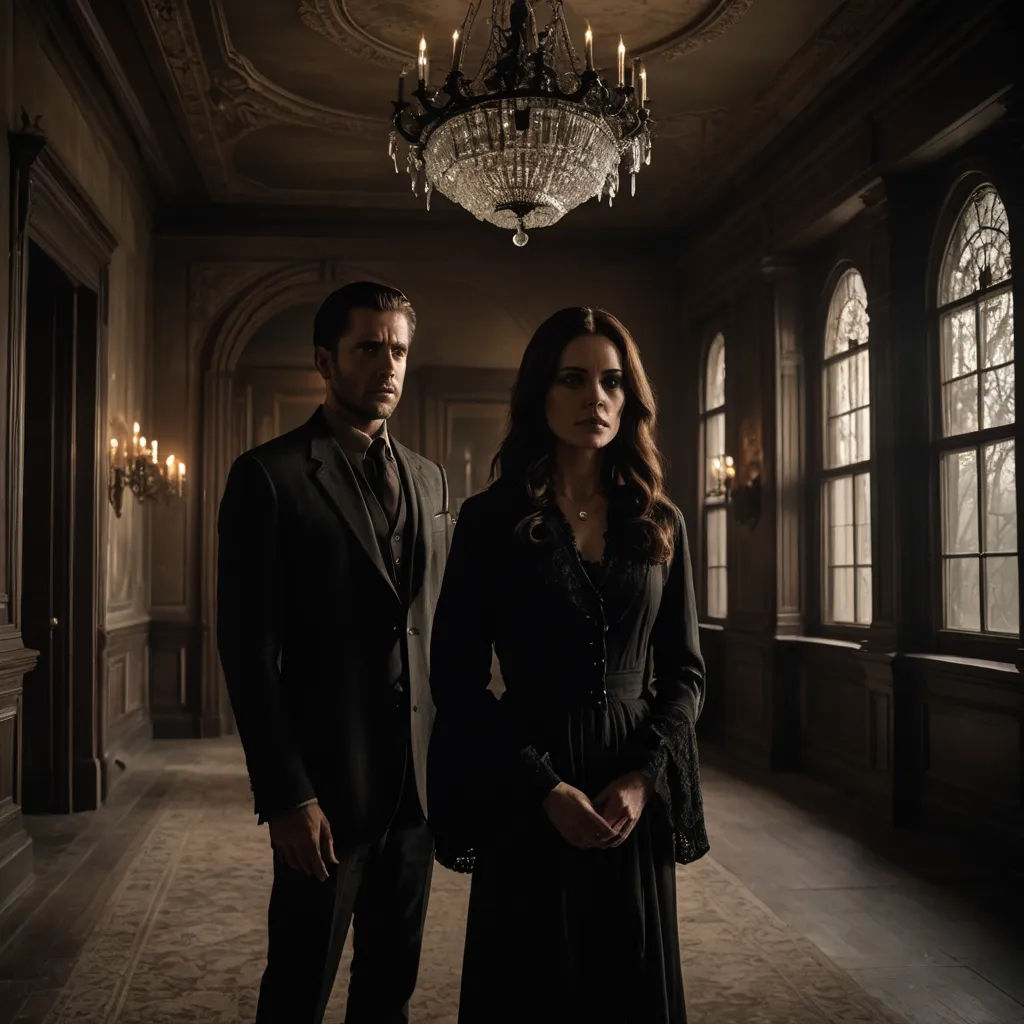 a man and a woman standing in a dark room with chandelier above them and a chandelier hanging from the ceiling, international gothic, poster art, Dirk Crabeth, promotional image