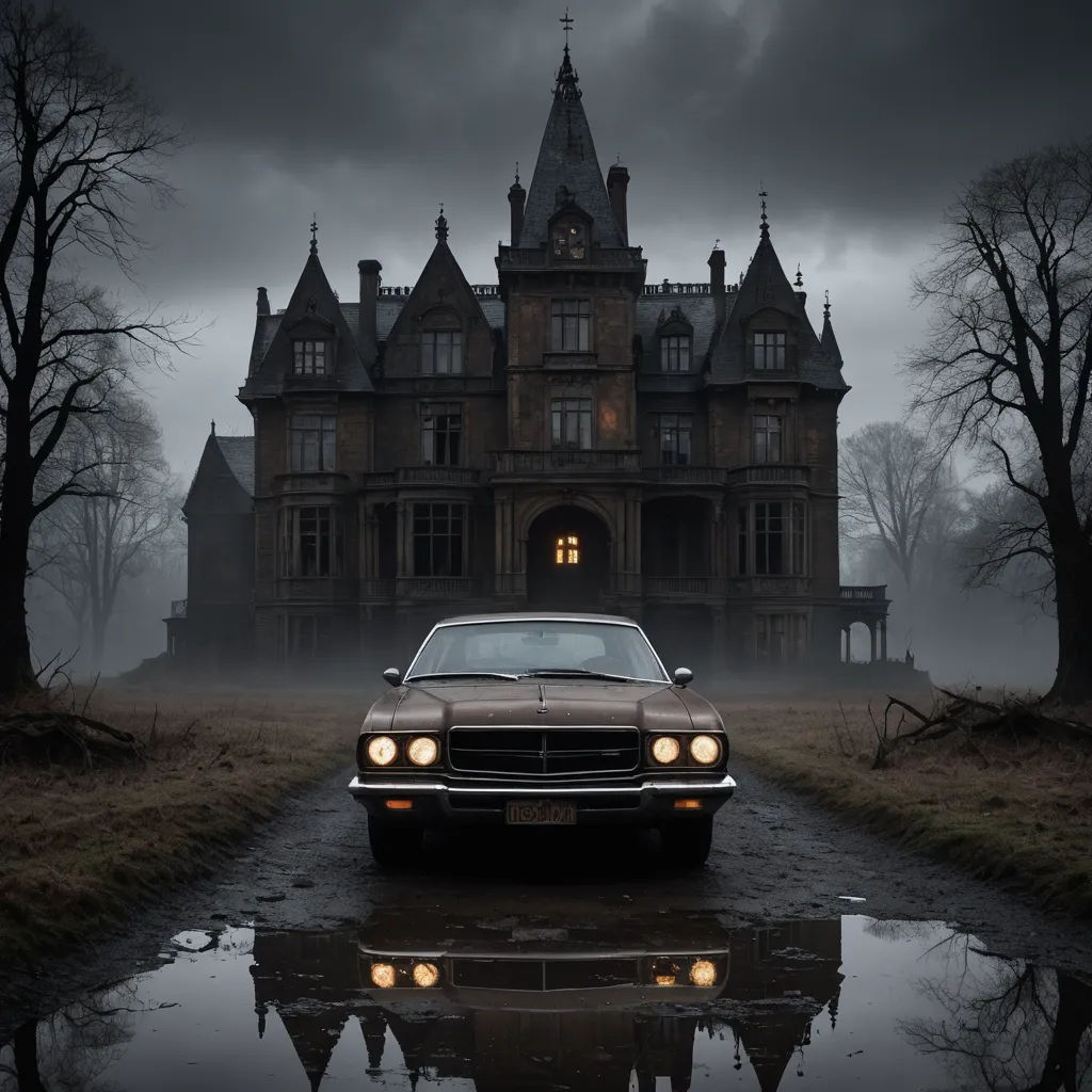 a car parked in front of a large house on a rainy day with a dark sky and trees in the background, international gothic, a matte painting, Dirk Crabeth, dark shadows