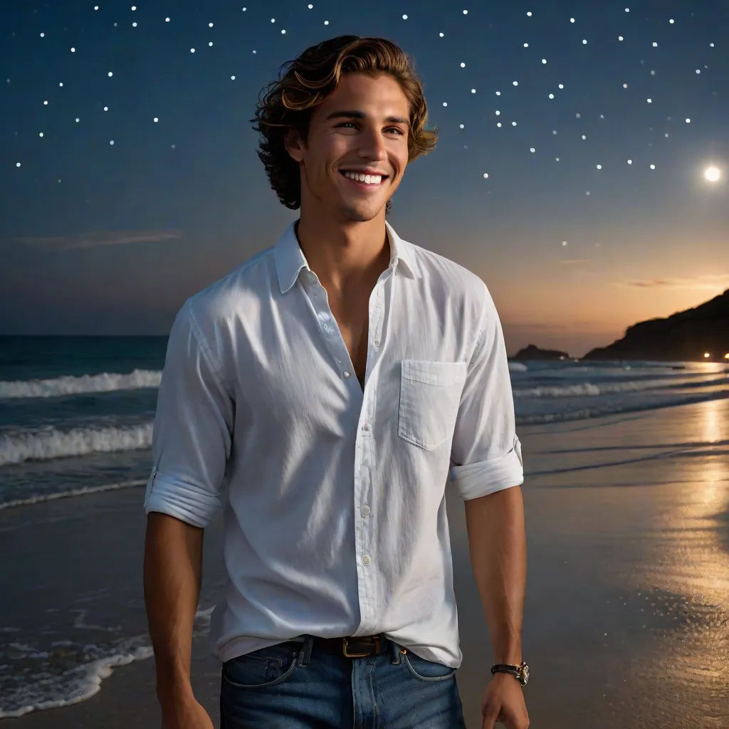 a man standing on a beach under a night sky with stars above him and a full moon in the sky, a hologram, Evan Charlton, american romanticism, promotional image