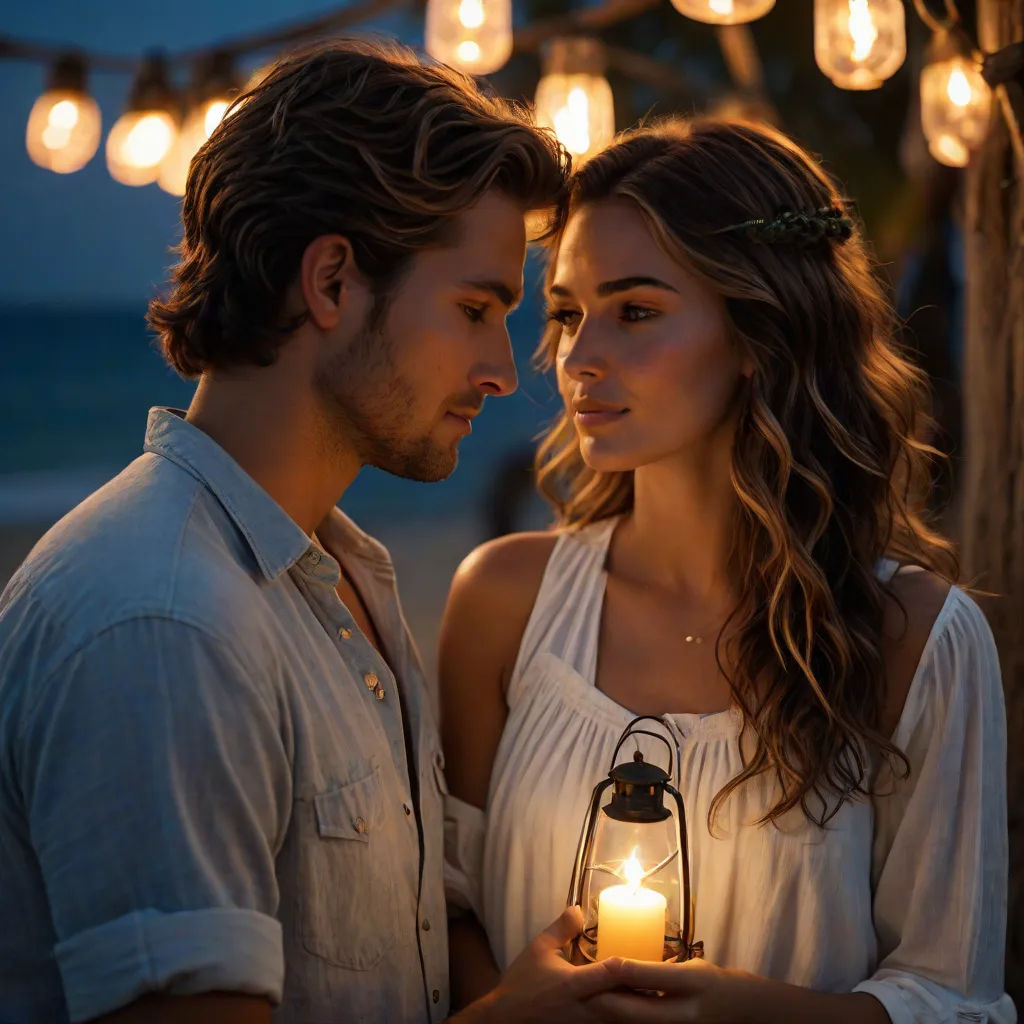 a man and a woman holding a lantern in their hands at night time, with lights strung from the ceiling, a stock photo, Adam Willaerts, romanticism, beautiful cinematic light