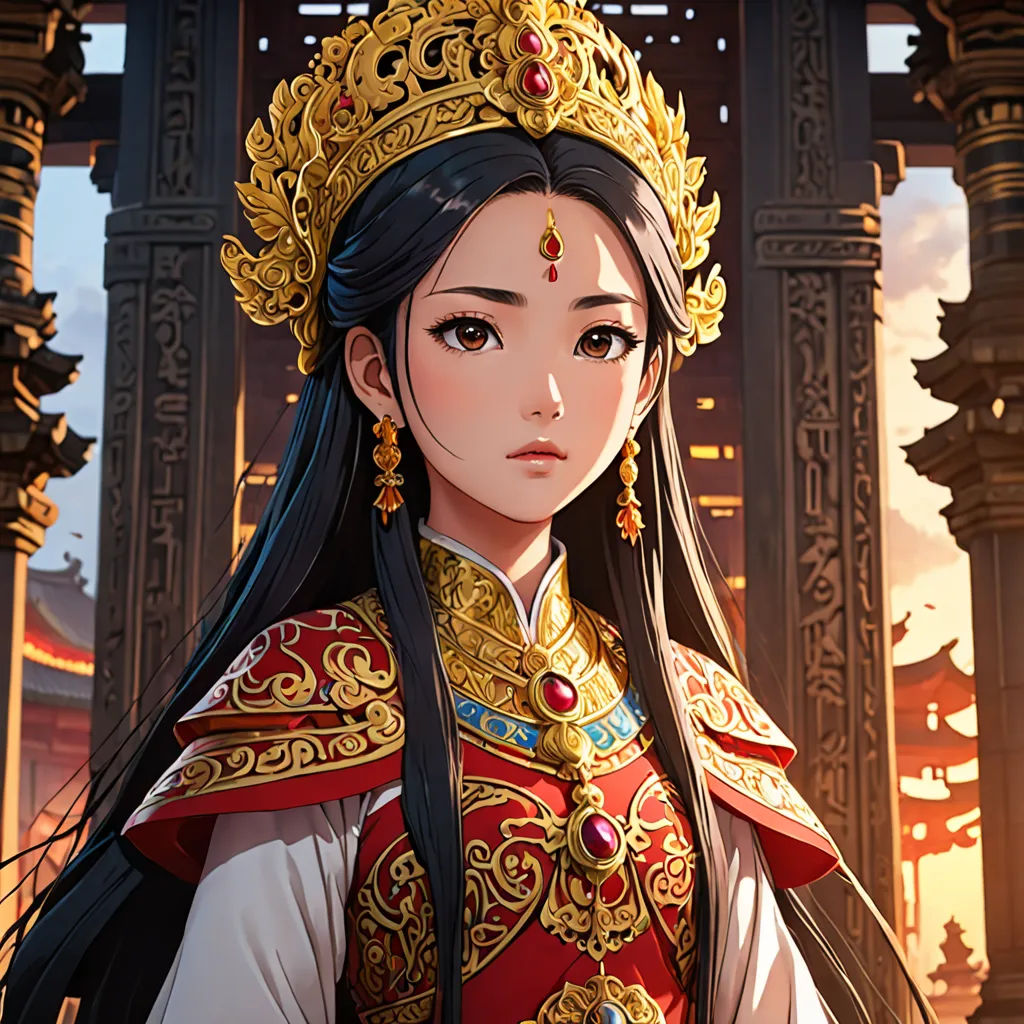 a woman in a chinese costume standing in front of a building with a clock tower in the background and a golden crown on her head, fantasy art, a character portrait, Chen Hong, rossdraws global illumination