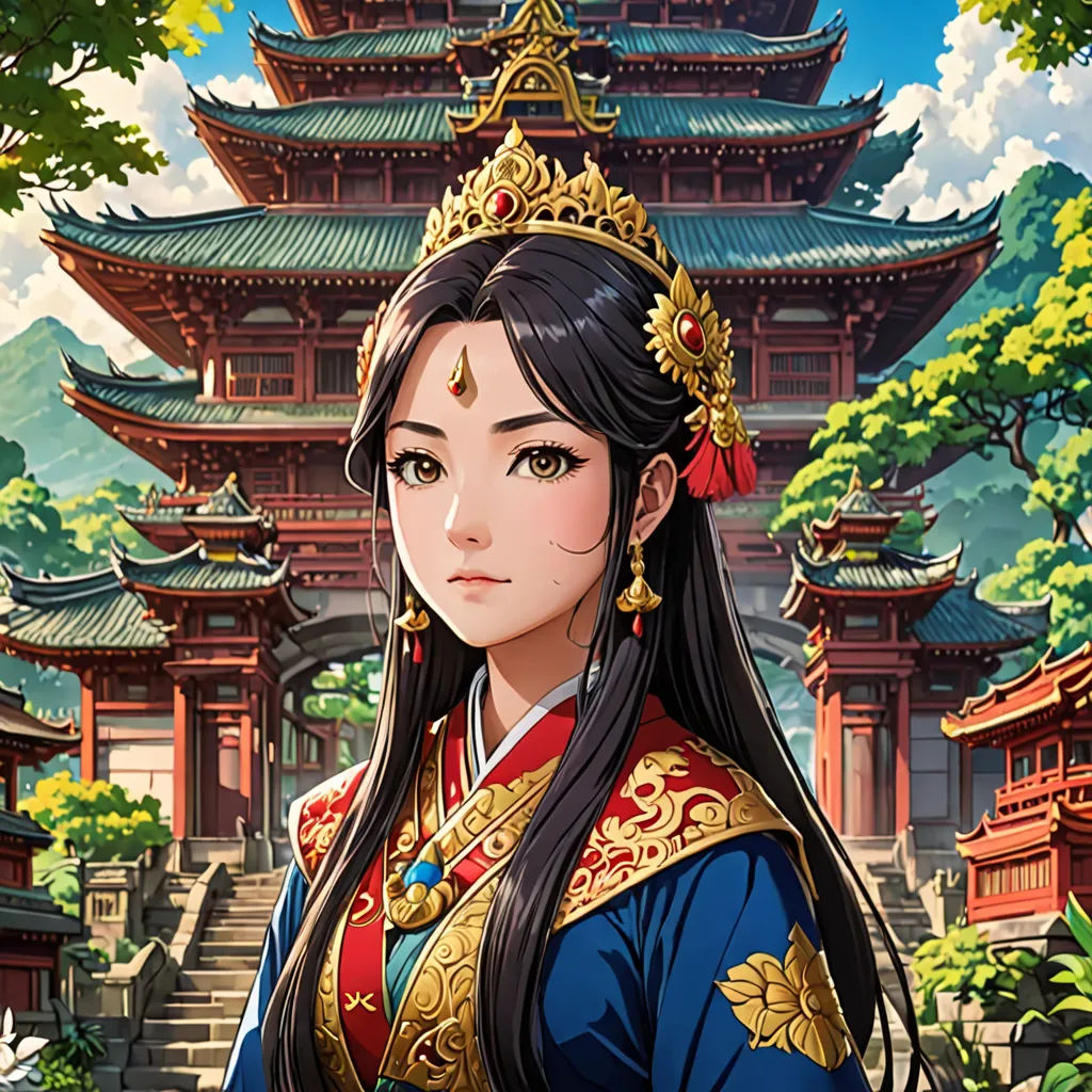 a woman in a chinese dress standing in front of a pagoda with a tree in the background and a pagoda in the background, fantasy art, a character portrait, Chen Hong, official art