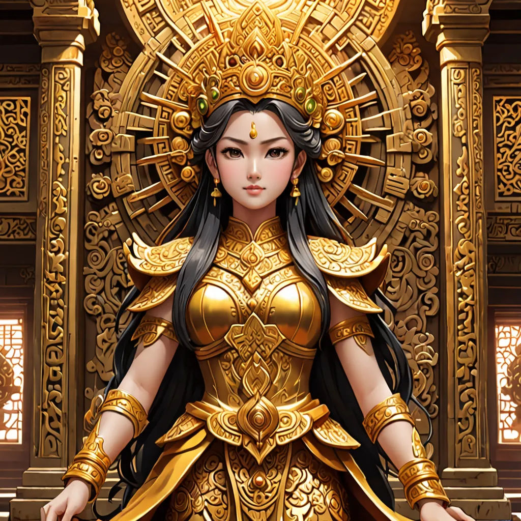 a woman in a golden outfit standing in front of a golden throne with a golden cross on it's chest, fantasy art, a detailed painting, Chen Chun, rossdraws global illumination