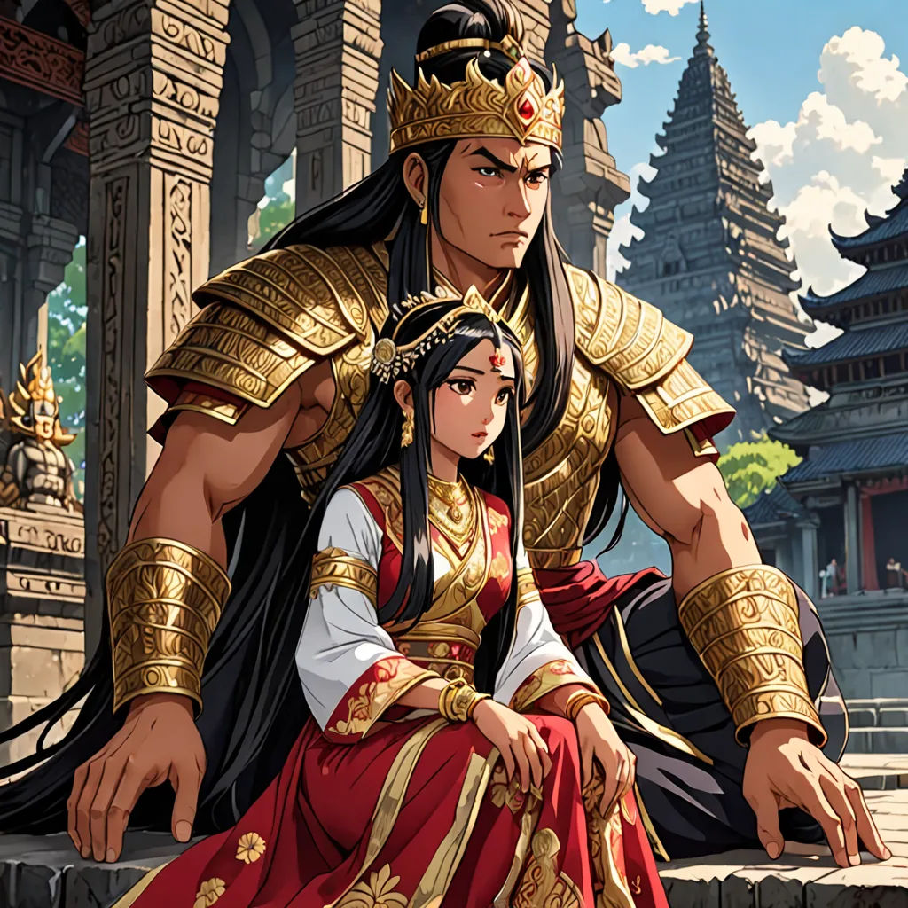 a man and woman in ancient costumes sitting on a ledge in front of a building with a pagoda in the background, fantasy art, a storybook illustration, Chen Chun, official art