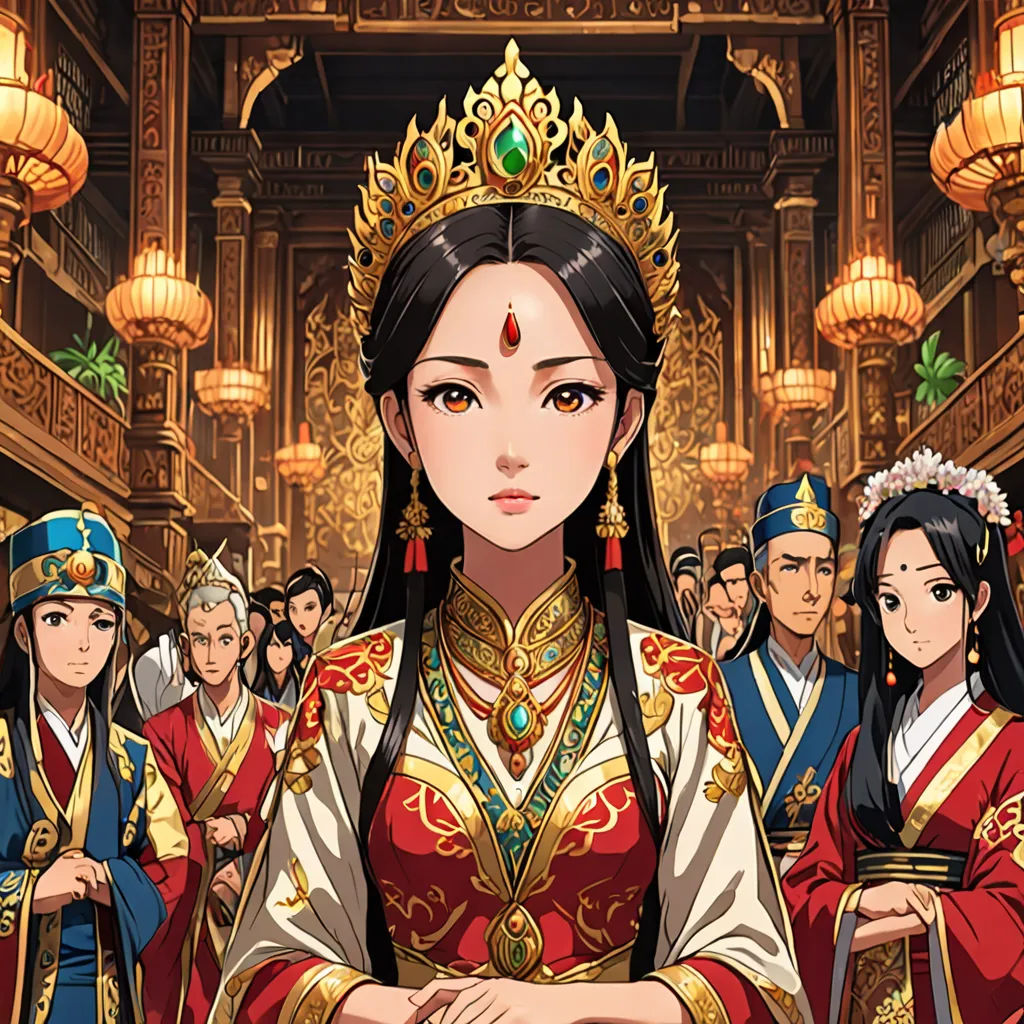 a woman in a red and gold outfit surrounded by other women in oriental dress and headdress, in a large room, cloisonnism, a detailed painting, Emperor Huizong of Song, official art
