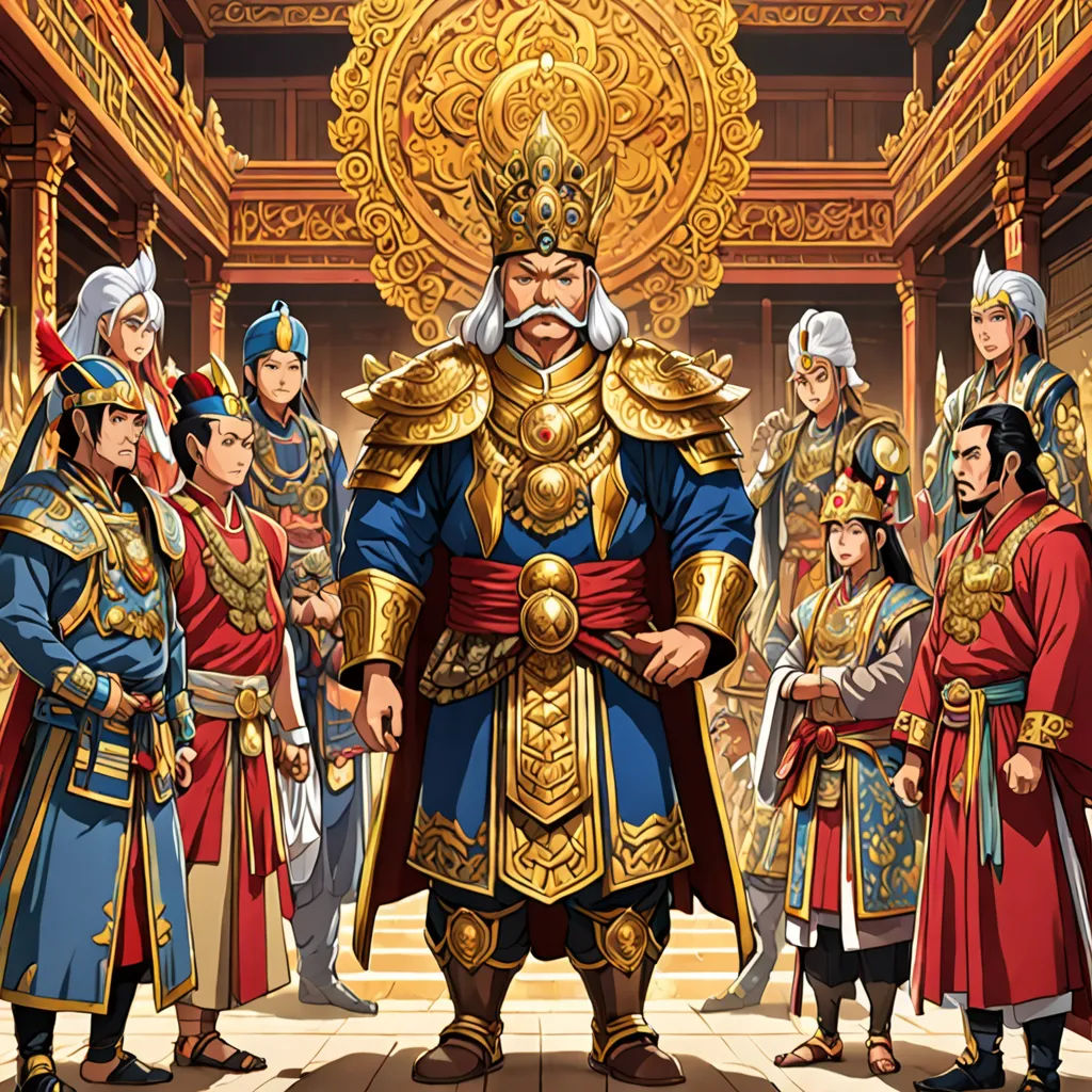 a group of men in ancient chinese costumes standing in a hall with a golden throne in the background and a golden throne in the foreground, sumatraism, a character portrait, Emperor Huizong of Song, official art