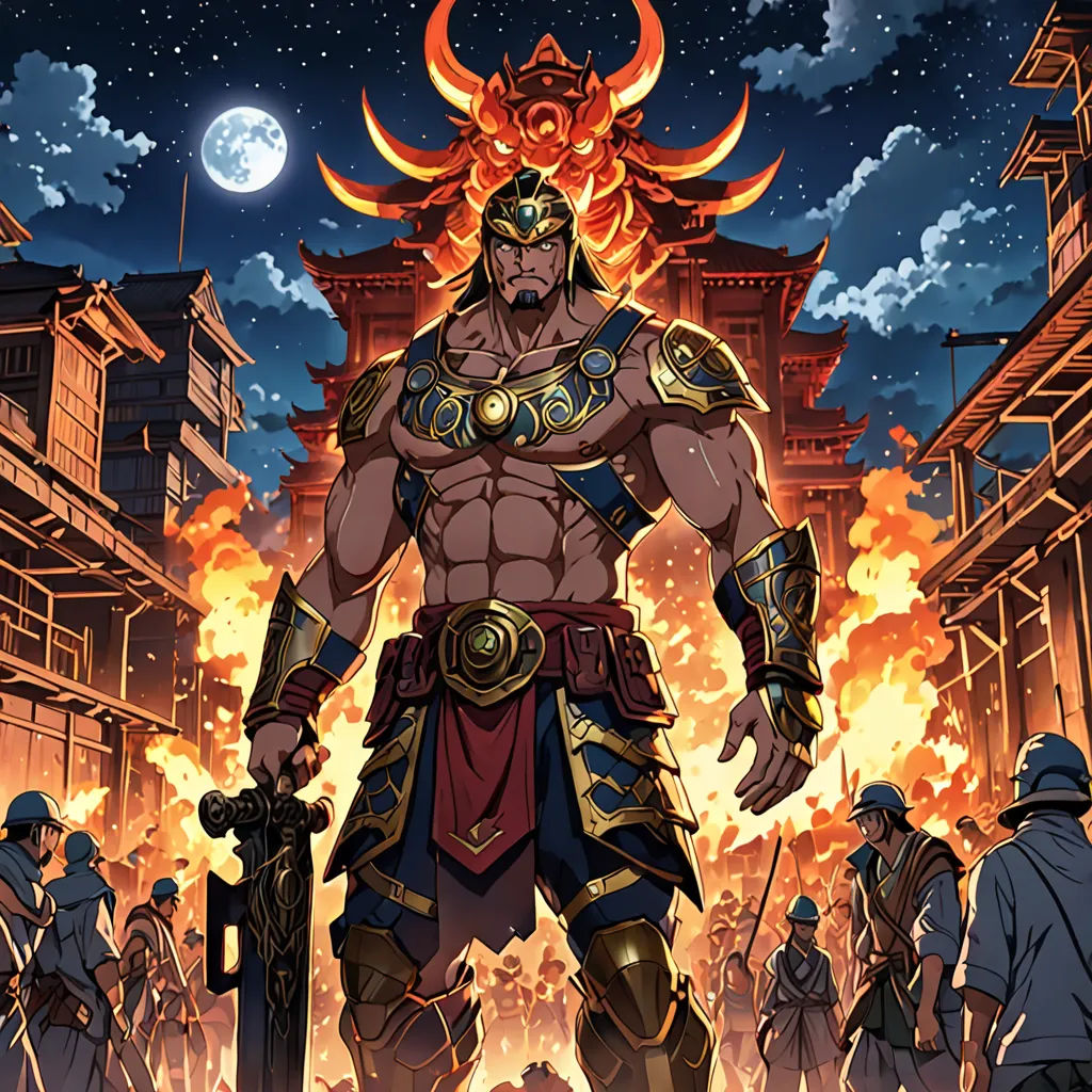 a cartoon of a man in armor standing in front of a fire filled city with buildings and a full moon, fantasy art, a comic book panel, Du Jin, official art