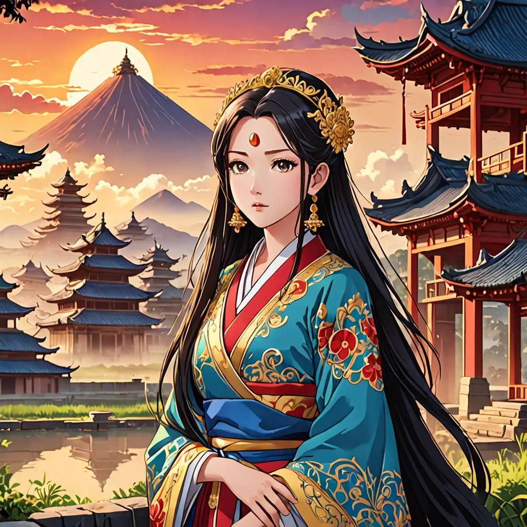 a woman in a blue and red dress standing in front of a pagoda and pagodas with a sunset in the background, fantasy art, a detailed painting, Chen Hong, official art