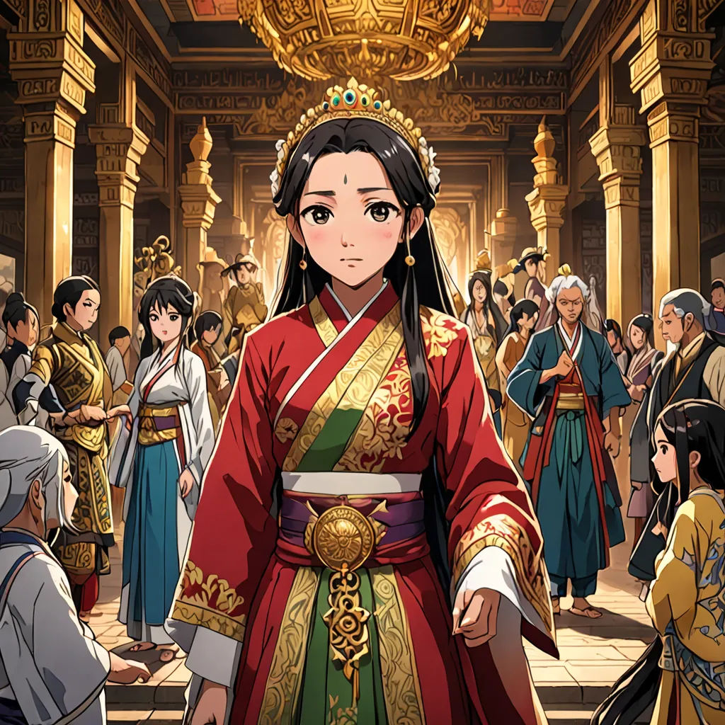 a woman in a red and green dress standing in front of a crowd of people in a building with a gold and red crown, fantasy art, a detailed matte painting, Emperor Huizong of Song, official art