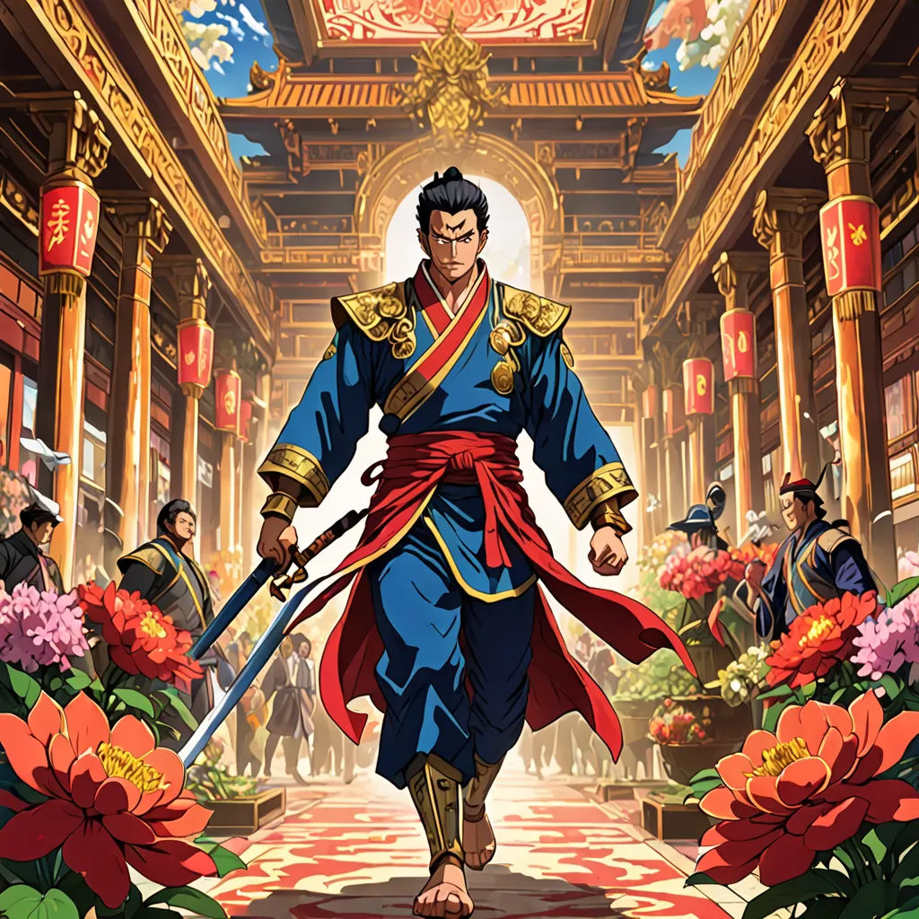 a man in a chinese style outfit holding two swords in front of a building with flowers and lanterns around him, cloisonnism, a comic book panel, Dai Jin, official art