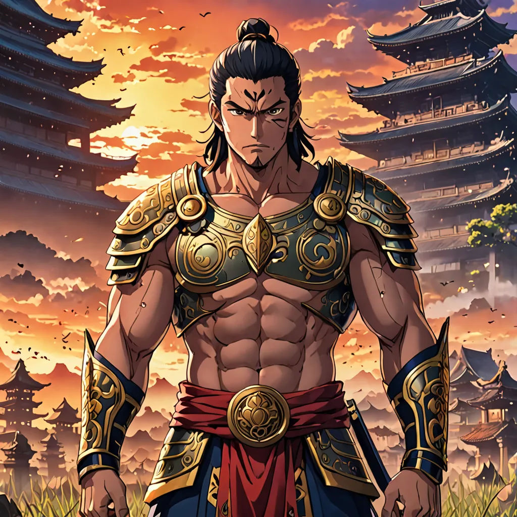 a man in a warrior outfit standing in front of a sunset with a pagoda in the background and a pagoda in the foreground, dau-al-set, a comic book panel, Dai Jin, official art