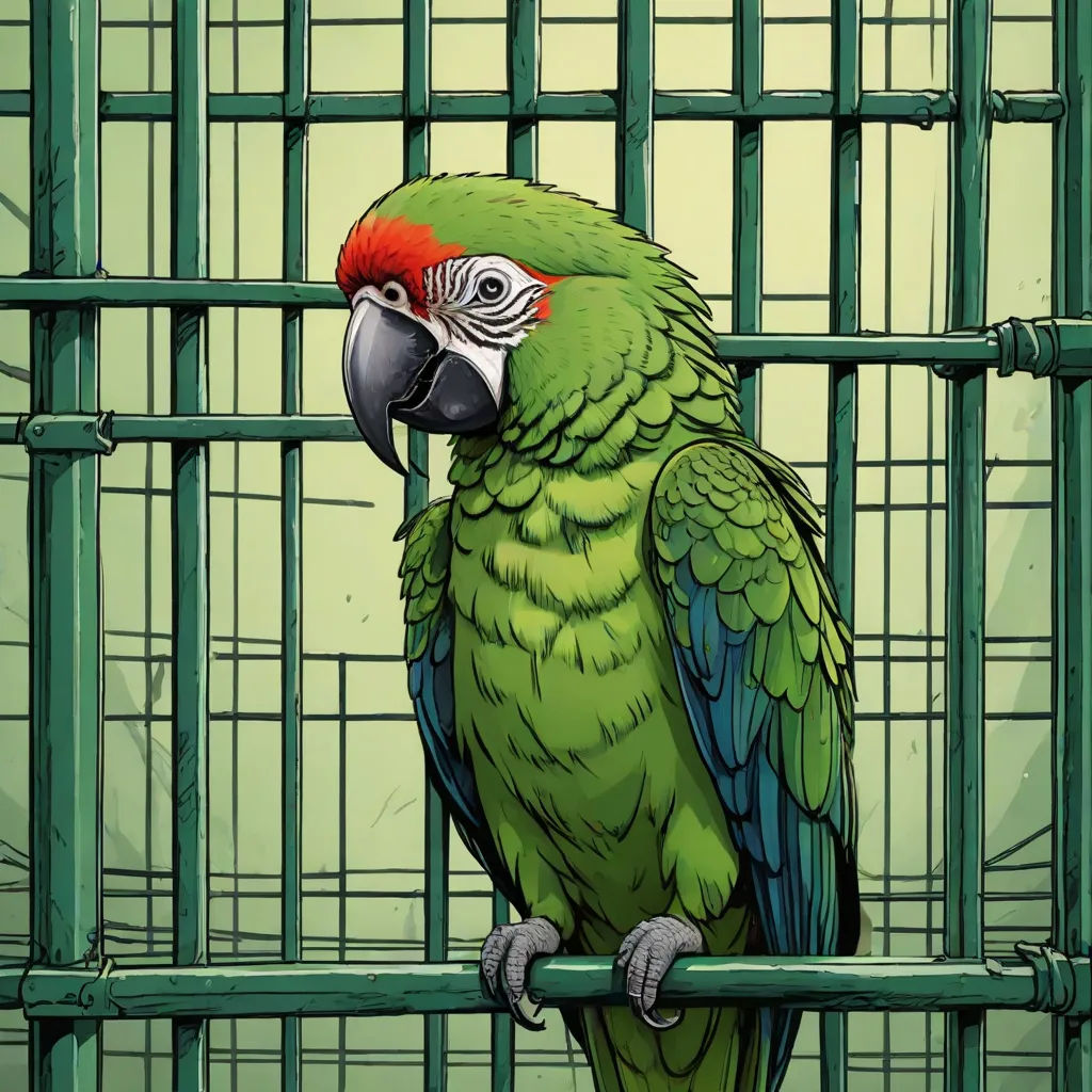 a green parrot sitting on a perch in a caged area with bars on the sides of it's sides, institutional critique, a comic book panel, Dan Mumford, birds