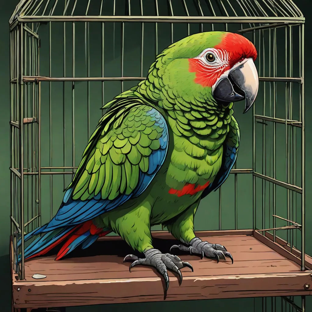 a green parrot sitting in a cage on a wooden table with a green background and a green wall behind it, serial art, a character portrait, Dan Mumford, highly detailed digital painting