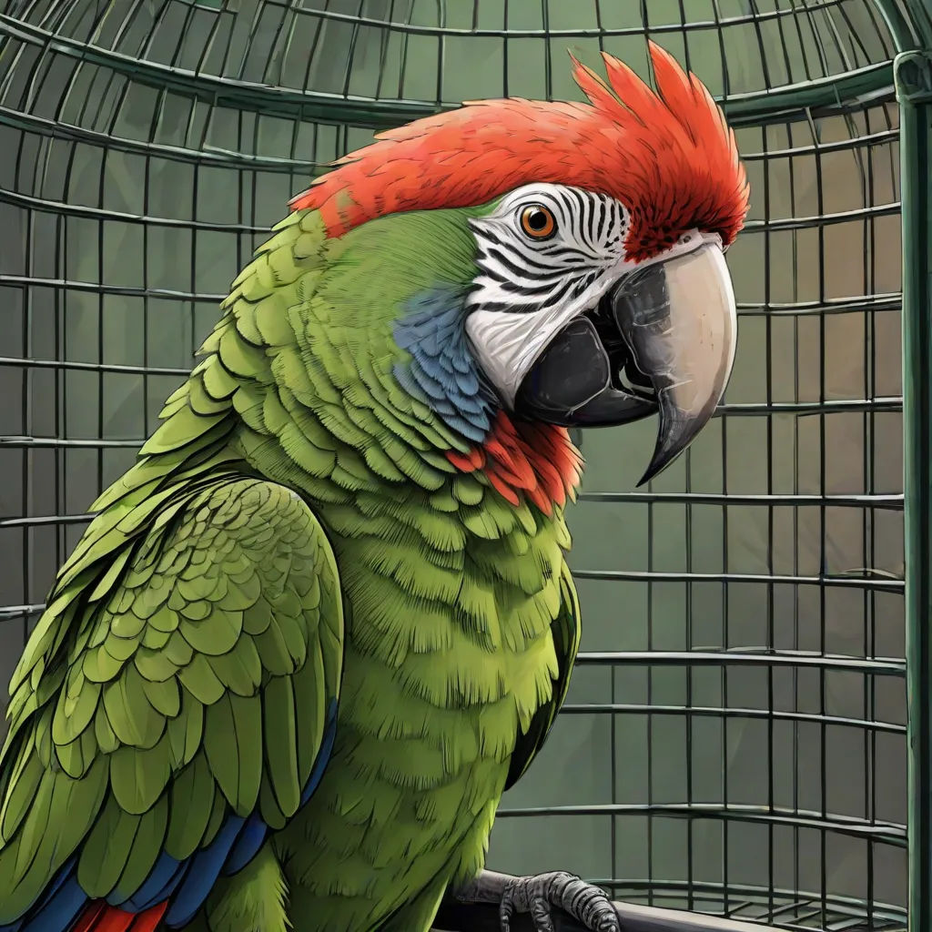 a colorful parrot sitting on a perch in a caged area with a green background and a black background, photorealism, a digital painting, Chris LaBrooy, highly detailed digital painting