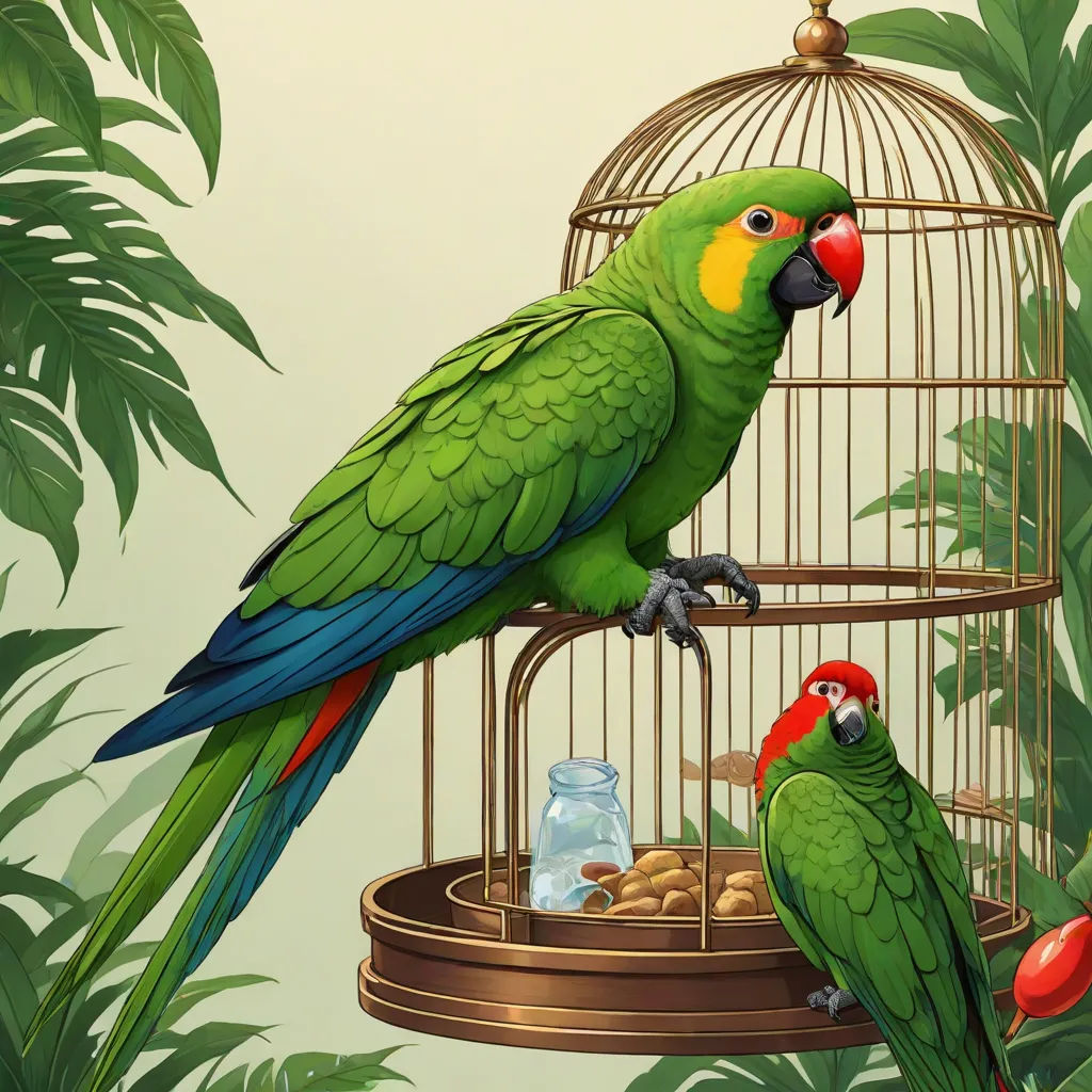 a painting of two parrots in a cage with a bird feeder in the background and a bottle of water in the foreground, cloisonnism, a storybook illustration, Chris LaBrooy, highly detailed digital painting