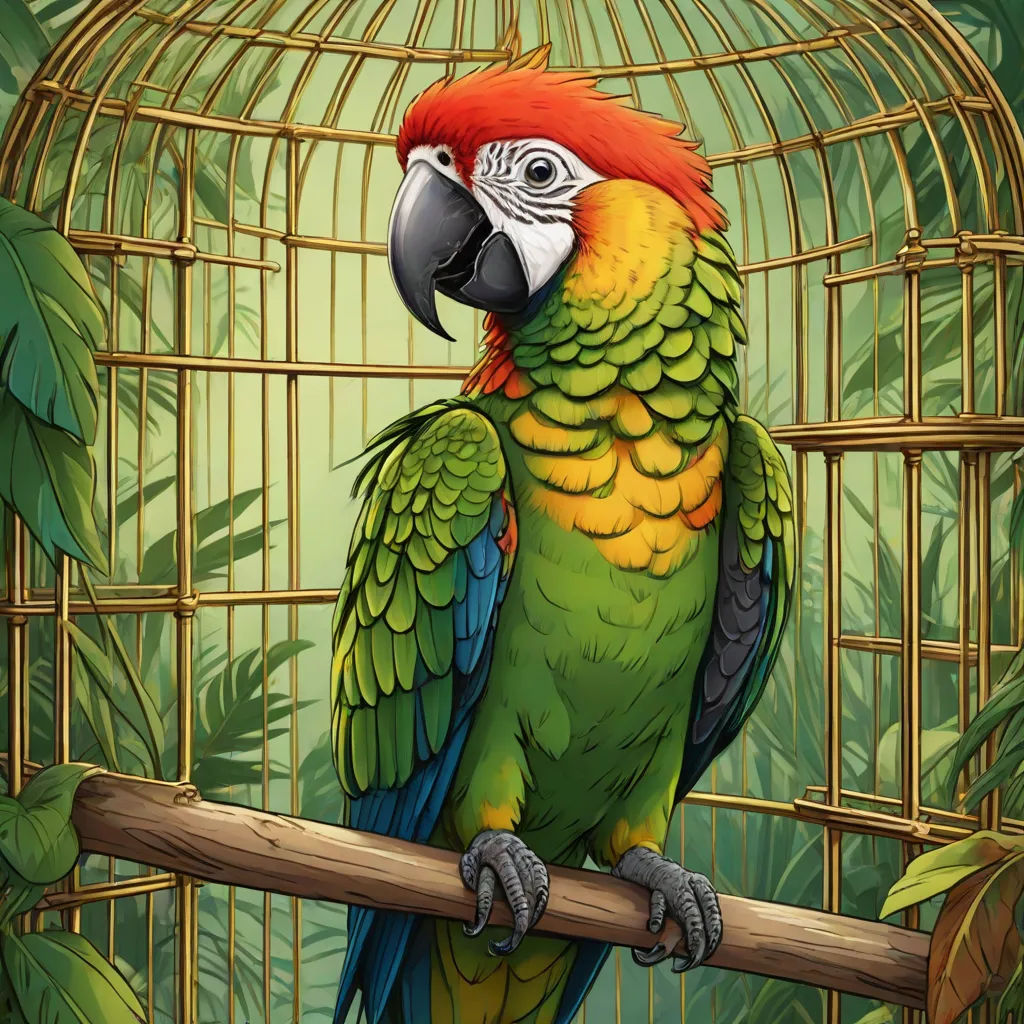a colorful parrot sitting on a branch in a cage with leaves on the background of a jungle illustration in a cartoon style, fantasy art, a storybook illustration, Chris LaBrooy, highly detailed digital painting