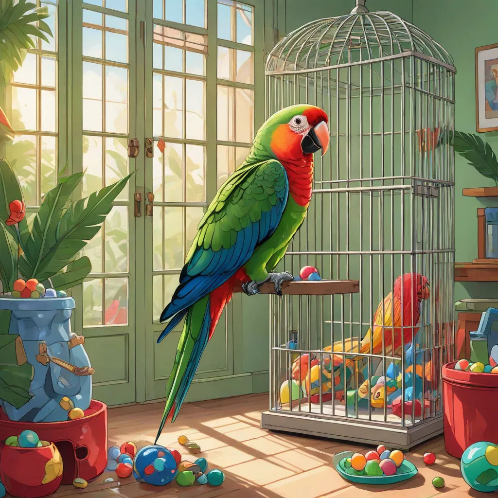 a parrot sits on a perch in a cage with toys in it and a green door in the background, photorealism, a storybook illustration, Chris LaBrooy, highly detailed digital painting