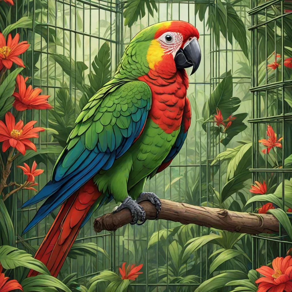 a colorful parrot perched on a branch in a cage with flowers and plants around it, with a green background, fantasy art, a detailed painting, Chris LaBrooy, highly detailed digital painting