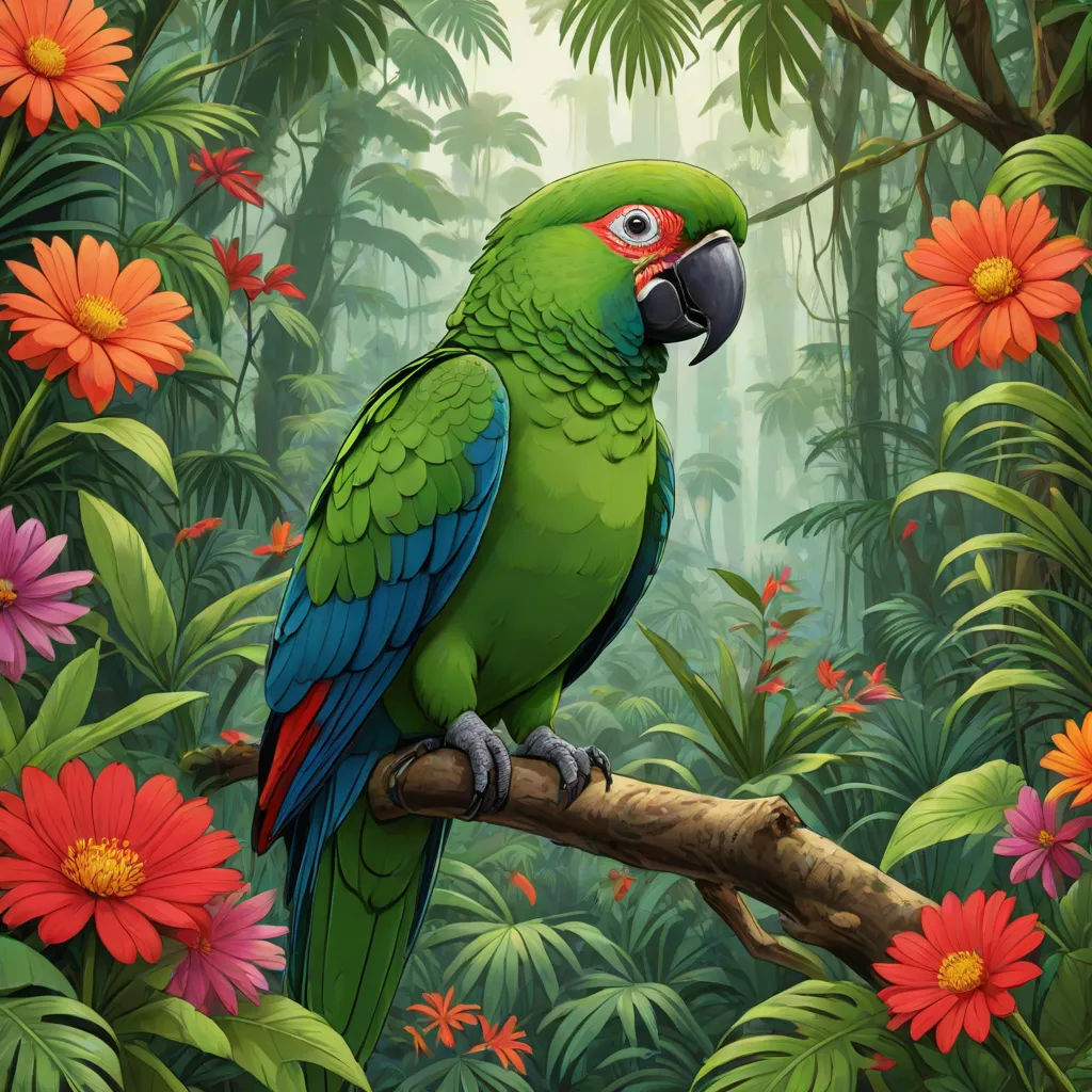 a green parrot perched on a branch in a tropical forest with flowers and plants around it, with a red and yellow flower, fantasy art, a digital painting, Chris LaBrooy, highly detailed digital painting