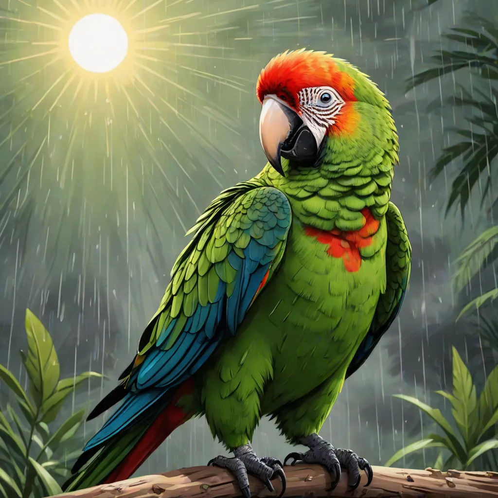 a colorful parrot sitting on a branch in the rain with a sun in the background and a green leafy tree, digital art, a digital painting, Chris LaBrooy, highly detailed digital painting