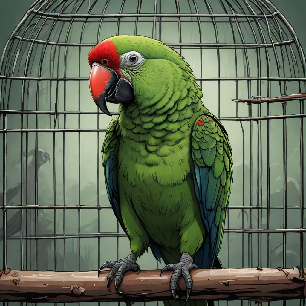 a green parrot sitting on a branch in a cage with a green background and a red beak and head, fantasy art, a character portrait, Dan Mumford, highly detailed digital painting