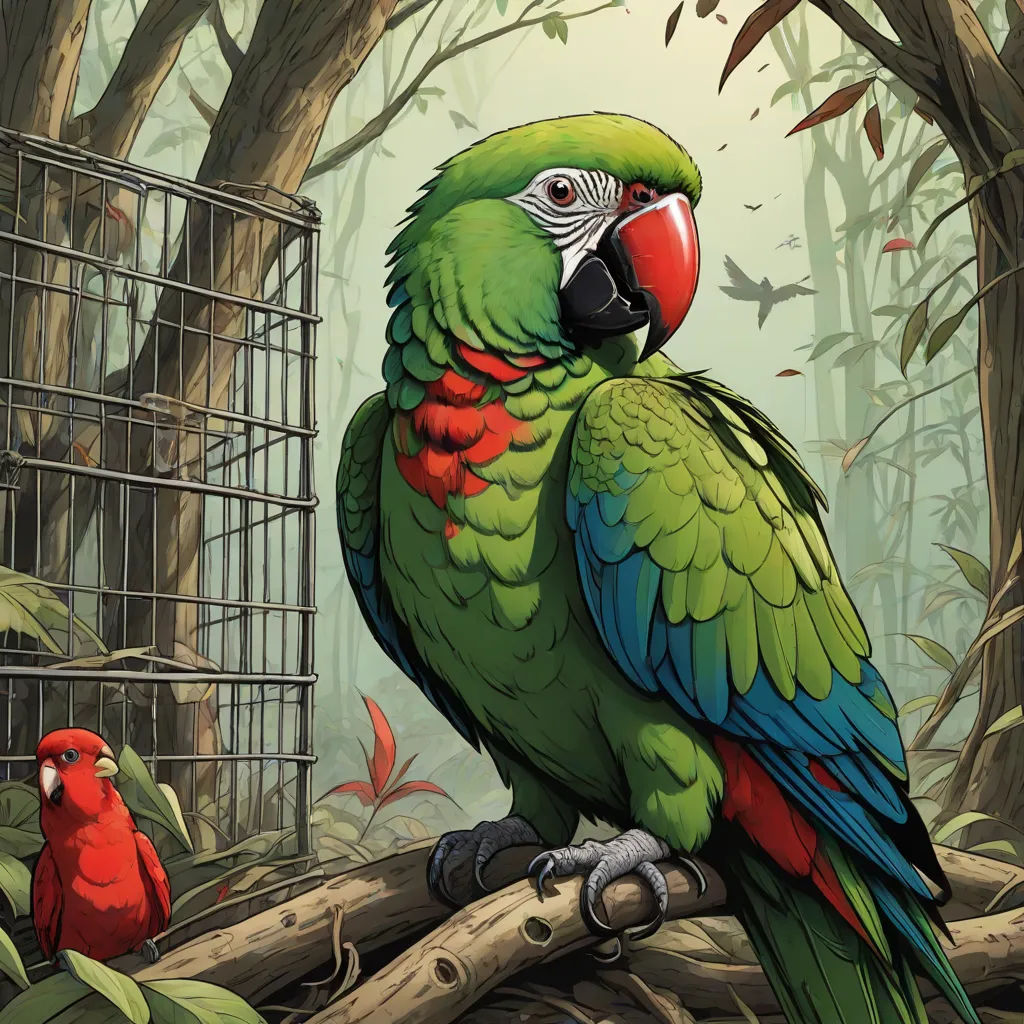 a parrot sitting on a branch next to a cage with a bird inside of it and another bird in the background, fantasy art, a comic book panel, Dan Mumford, josan gonzales and dan mumford