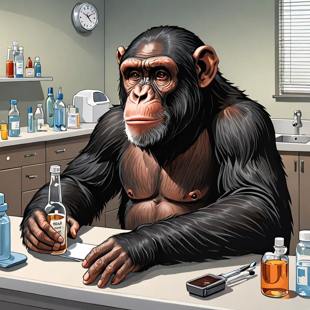 a monkey sitting at a counter with a bottle of alcohol in front of him and a clock in the background, neoplasticism, a character portrait, Alex Petruk APe, furaffinity