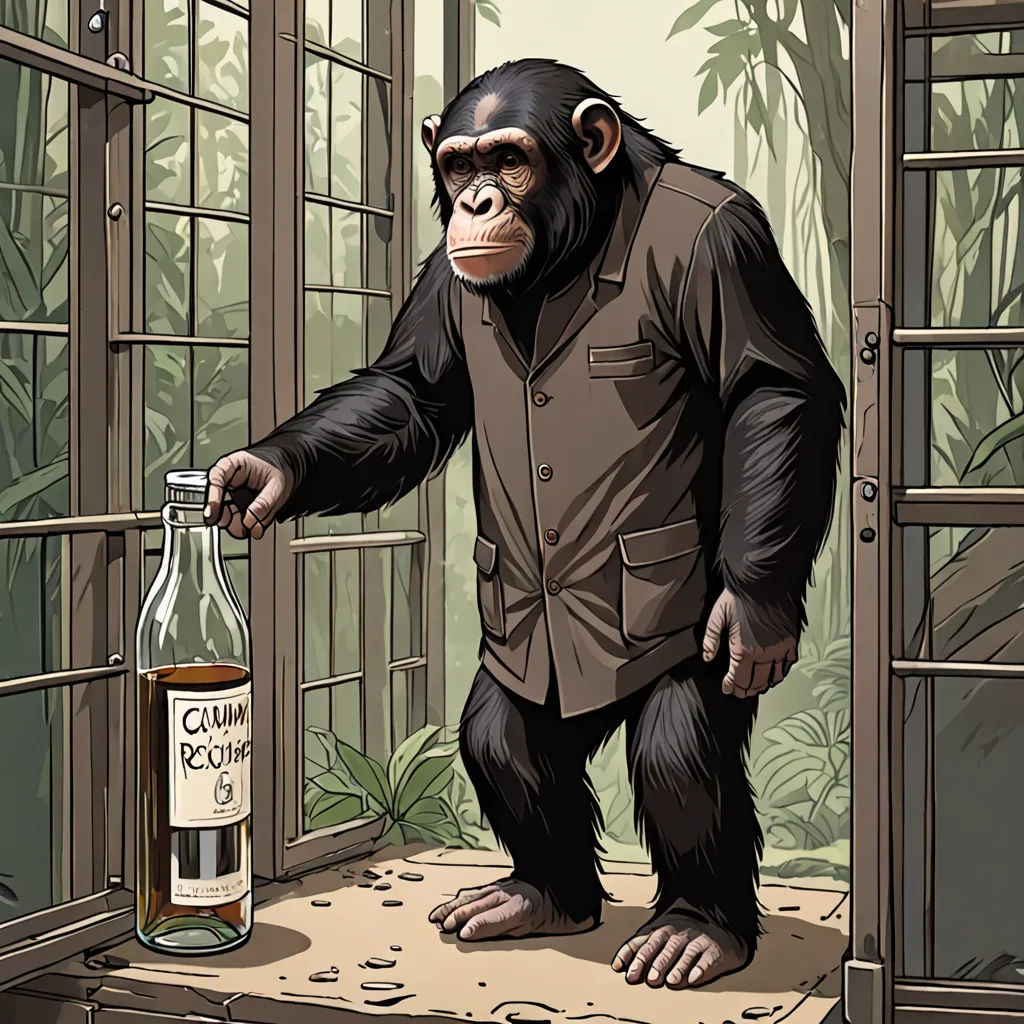 a monkey is holding a bottle of alcohol in his hand and standing on a window sill in front of a window, primitivism, an illustration of, Alex Petruk APe, walton ford