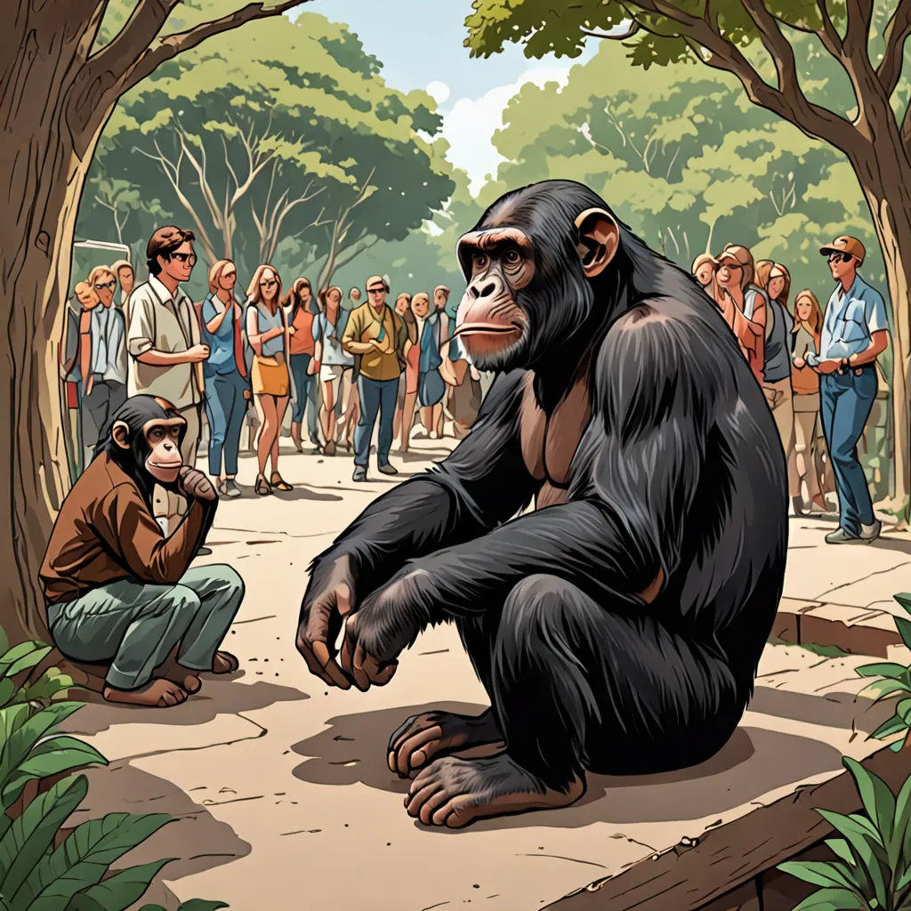a cartoon of a gorilla sitting on a platform with a man kneeling down next to it and a crowd of people standing around, naturalism, a storybook illustration, F Scott Hess, official art